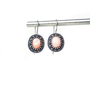 Vintage Thailand Sterling Silver Earrings 925 A Pink Cabochon Marcasite Pierced